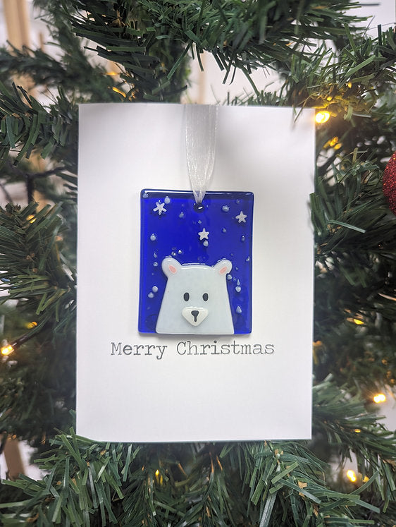 Handmade Fused Glass Hanging Decoration on Card - Polar Bear