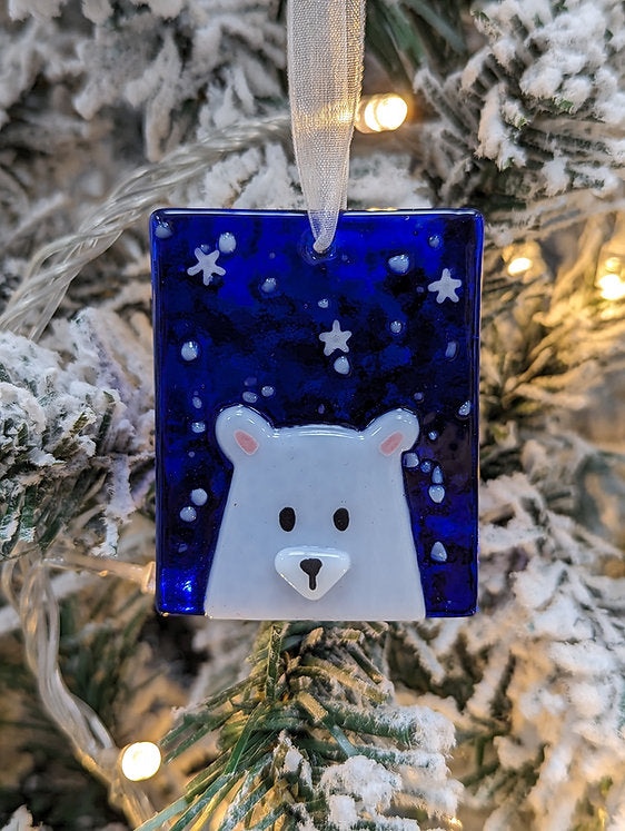 Handmade Fused Glass Hanging Decoration on Card - Polar Bear