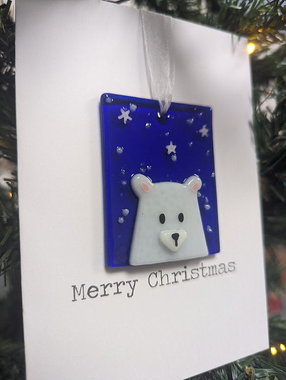 Handmade Fused Glass Hanging Decoration on Card - Polar Bear