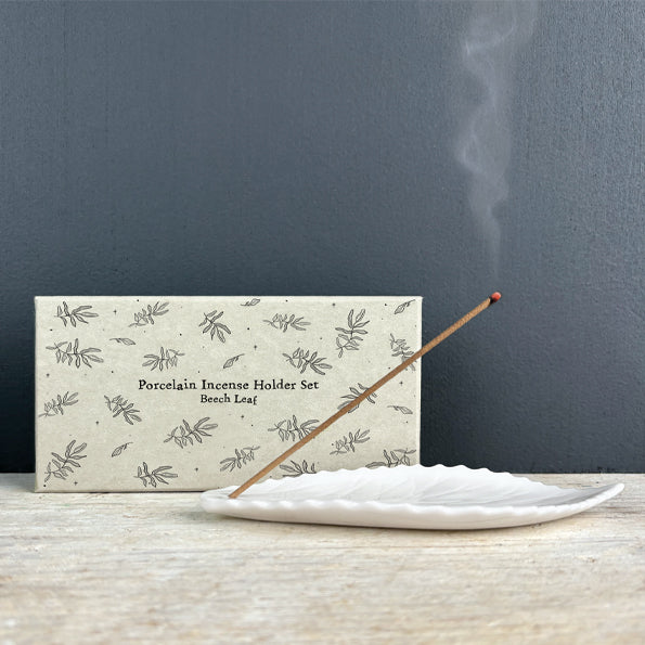 Porcelain Beech Leaf incense holder with Japanese incense sticks