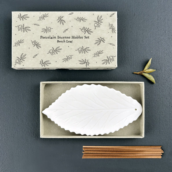 Porcelain Beech Leaf incense holder with Japanese incense sticks