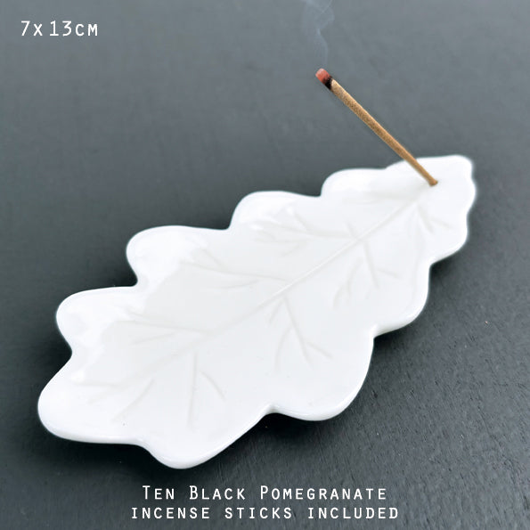 Porcelain Oak Leaf incense holder with Japanese incense sticks