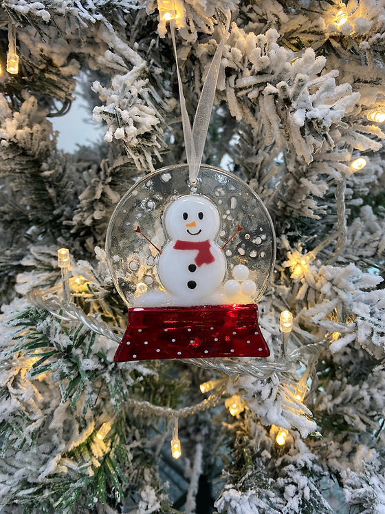 Handmade Fused Glass Snowman Snow Globe Tree Decoration