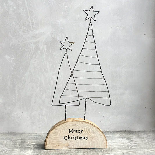 Handmade Wire Christmas Trees on wood - Merry Christmas