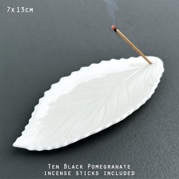 Porcelain Beech Leaf incense holder with Japanese incense sticks