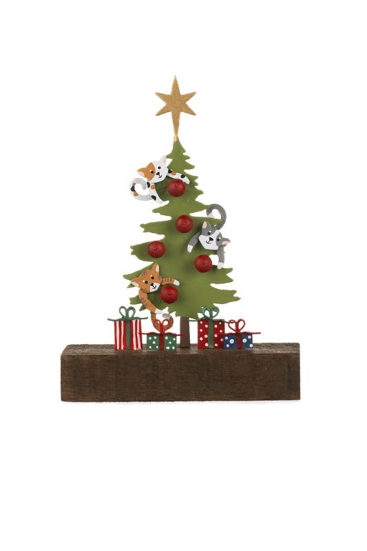 Cats in tree ornament on wooden block