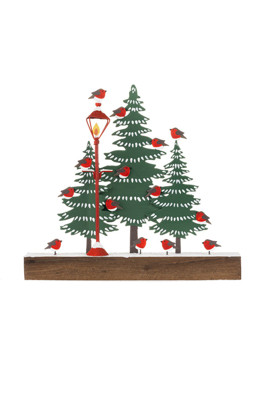 Robins in trees with street light scene on wooden block