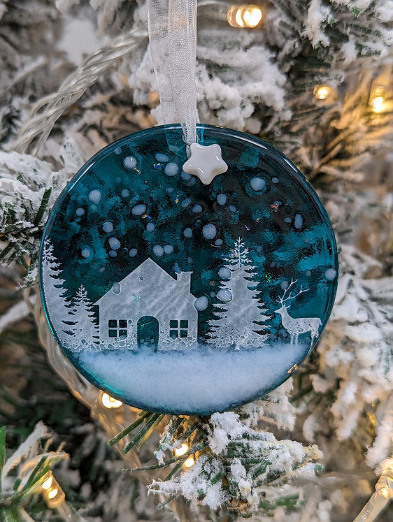 Fused Glass Hanging Decoration on Card - Cabin in the woods Teal