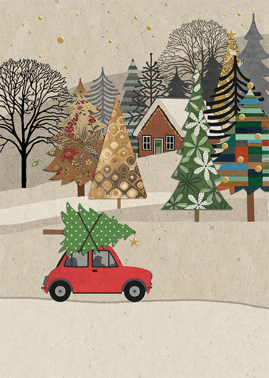 Car with Christmas tree scene - Christmas Cards Pack